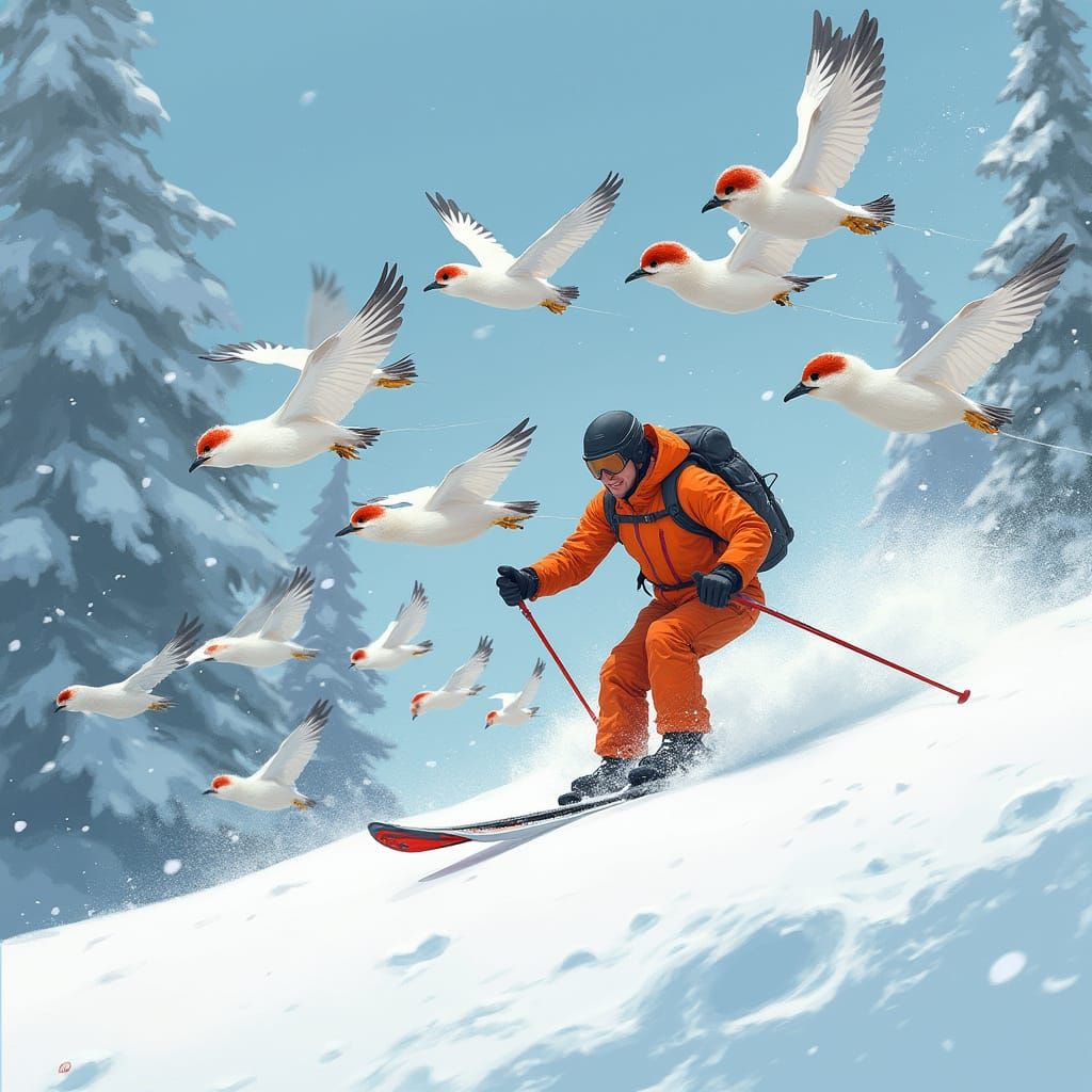 Vibrant Skier Chased by Agile Ptarmigan in Frosty Winter Won...