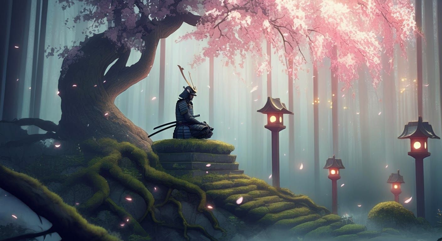 Samurai Contemplation in Mystical Golden Forest