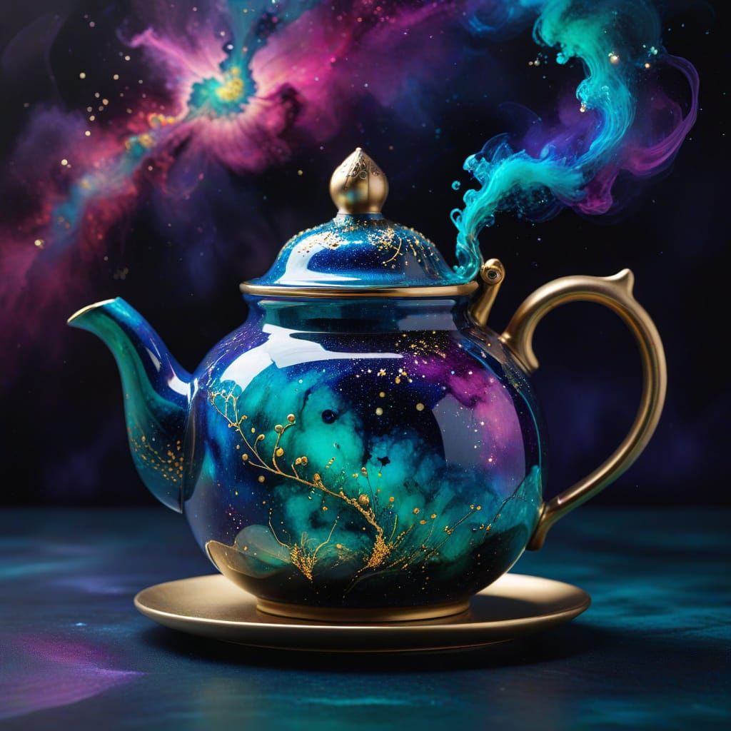 Magical Cosmic Teapot in Vibrant Alcohol Ink Style