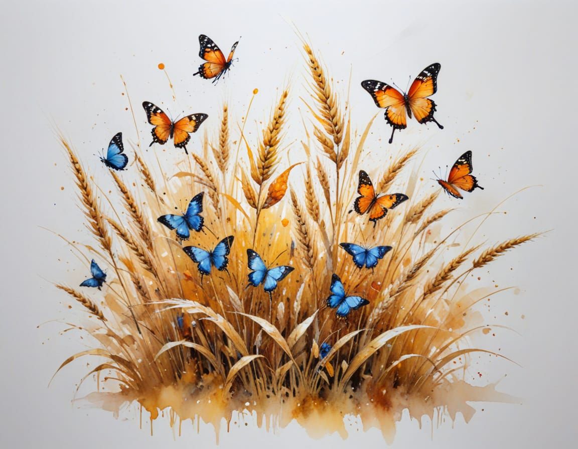 Butterflies Dance Over Golden Wheat Field in Watercolour Sty...