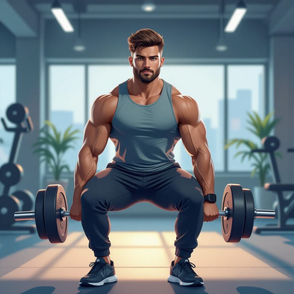 Fit Man Lifting Weights in Vibrant Gym Style
