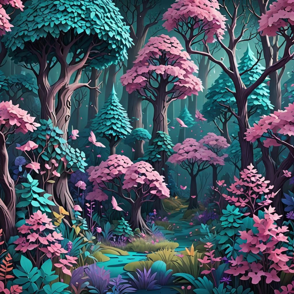 A paper cut out craft style scene of an enchanted forest, wi...