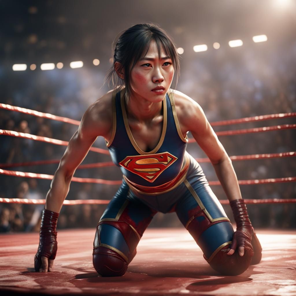 Defeated Supergirl in Wrestling Ring: Matte Painting