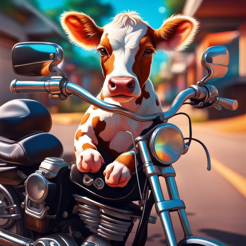 Baby Cow on Motorcycle in Hyperrealistic Splash Art
