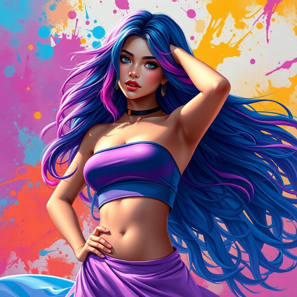 Vibrant Woman with Flowing Hair, Hyperrealistic Digital Art