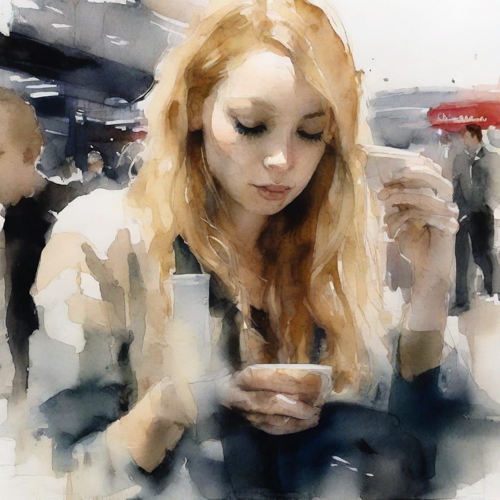 Strawberry Blonde Woman at Airport, Watercolor Style