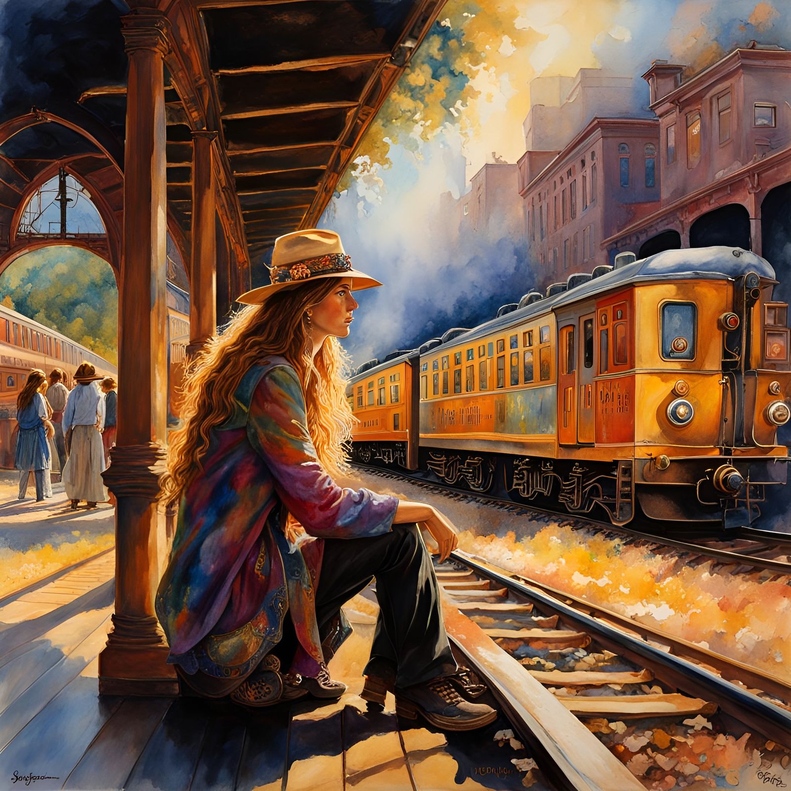 Downtown Train Station in Watercolor Style