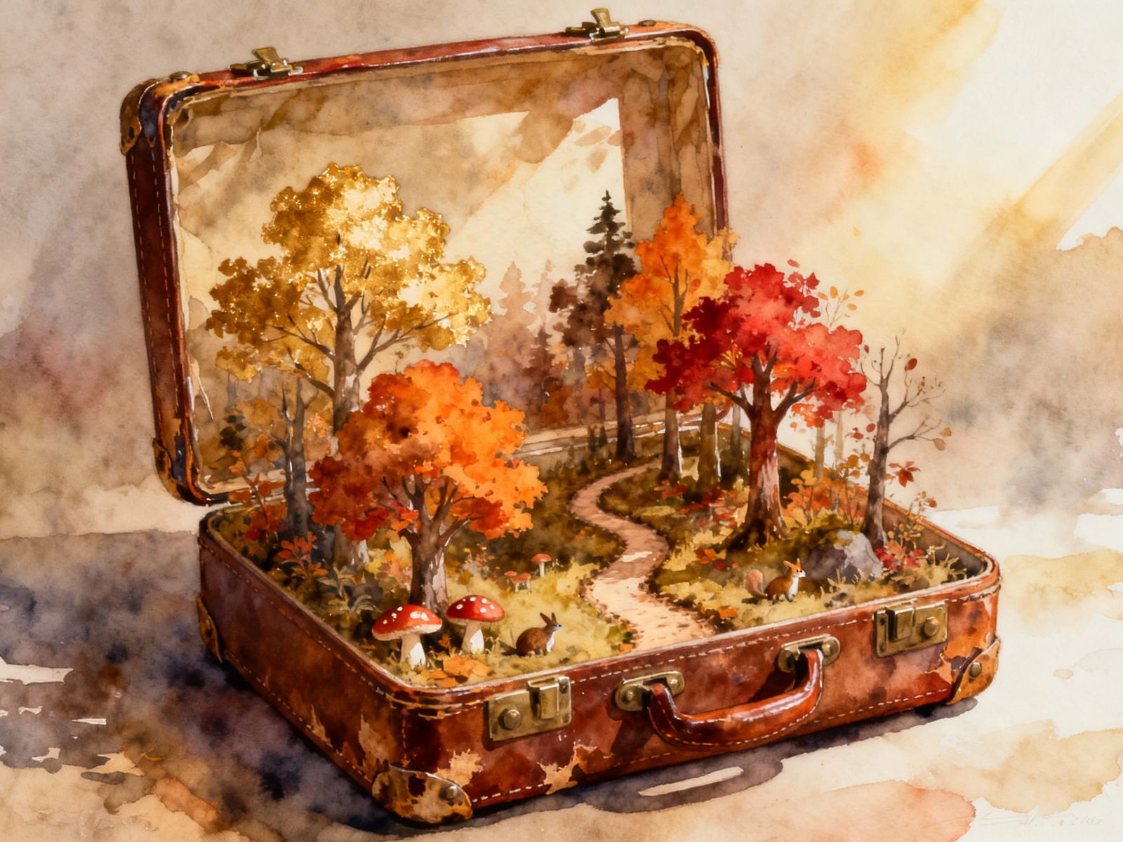 Autumn Forest Miniature World Inside Open Suitcase