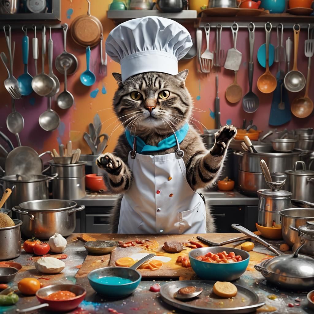 A hyperrealistic scene of a cat dressed as a chef, surrounded by tiny cooking utensils and attempting to make a mess in ...