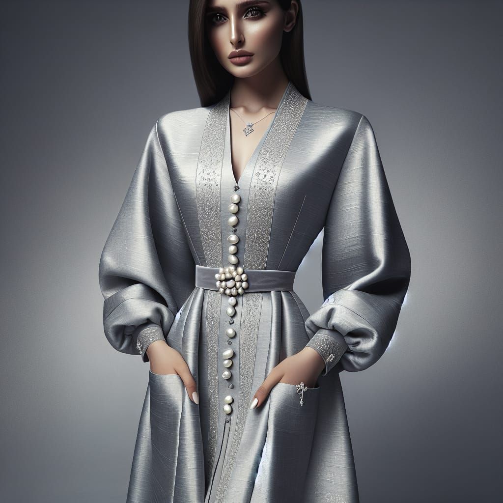 Elegant Light Grey Iranian Abaya with Silver Accents