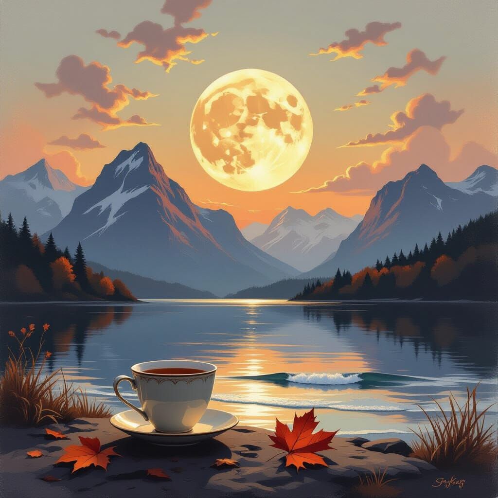 Full Moon Over Mountains with Teacup and Autumn Leaf