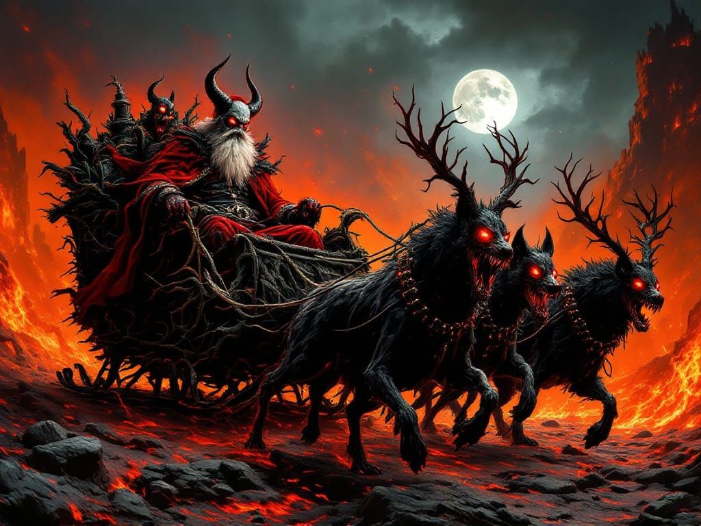 Satan Claus in Fiery Hellish Landscape