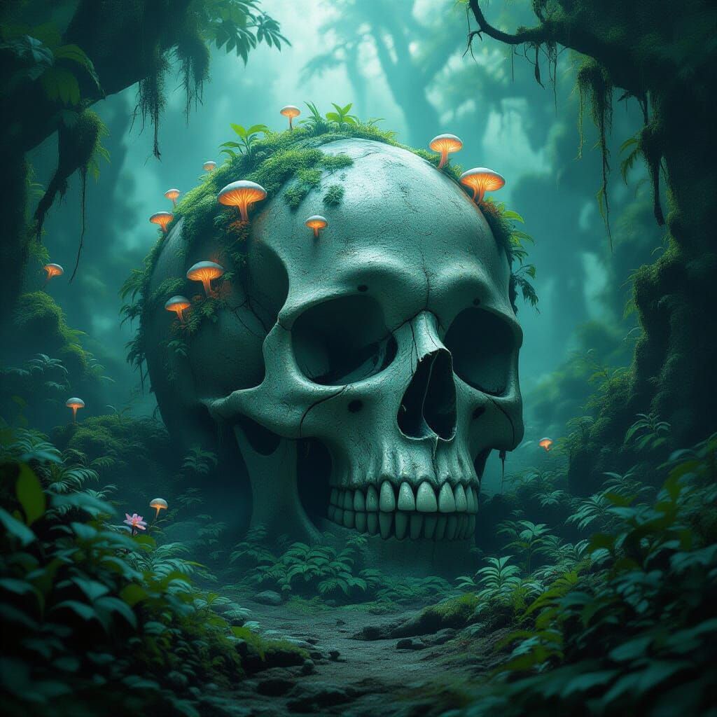 Ancient Skull in Alien Jungle with Bioluminescent Fungi