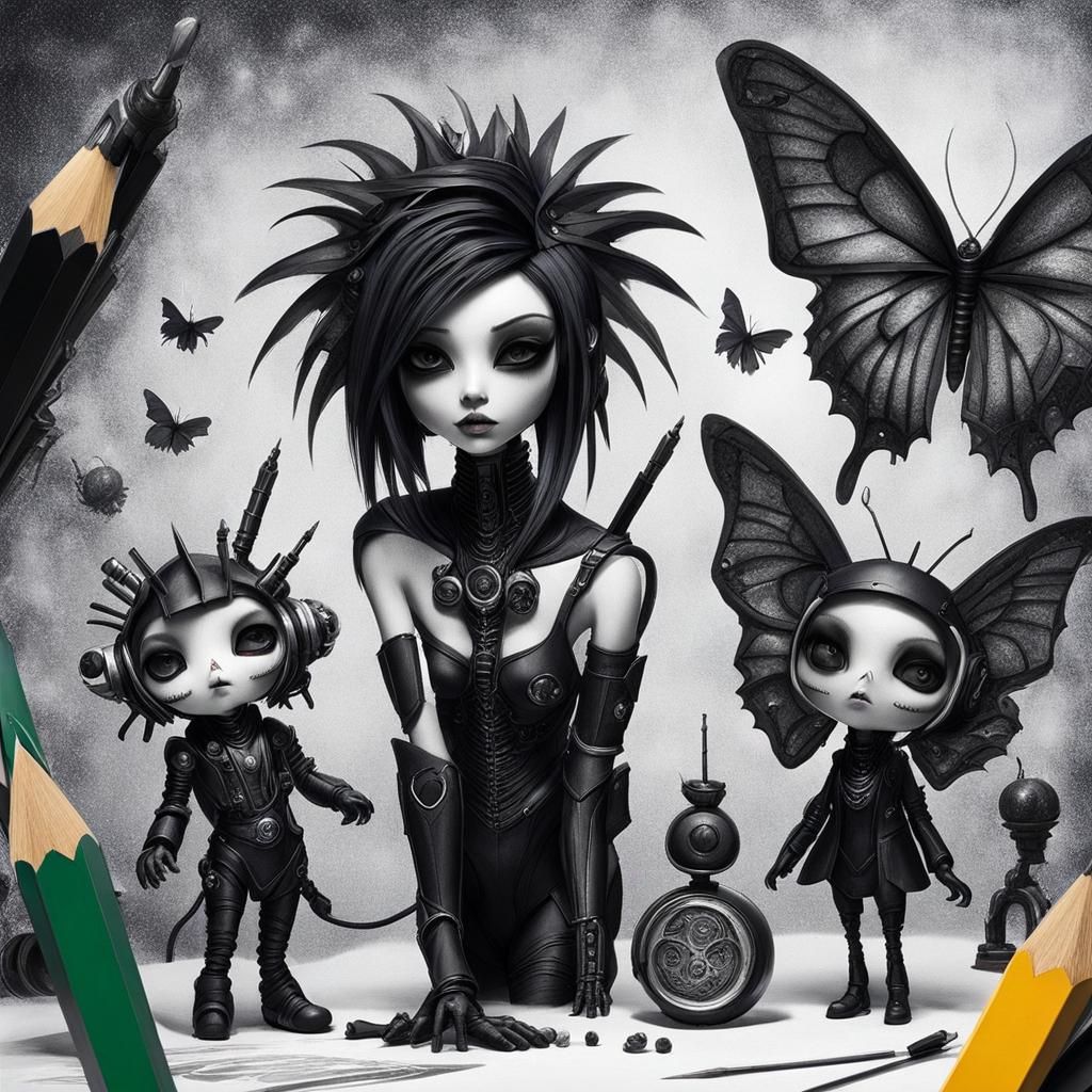 Gothic Woman in Pain: Surreal Crayon Drawing