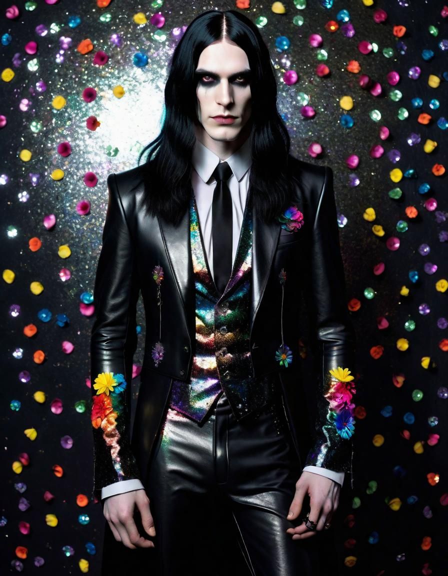 Gothic Man in Leather Suit with Rainbow Glitter