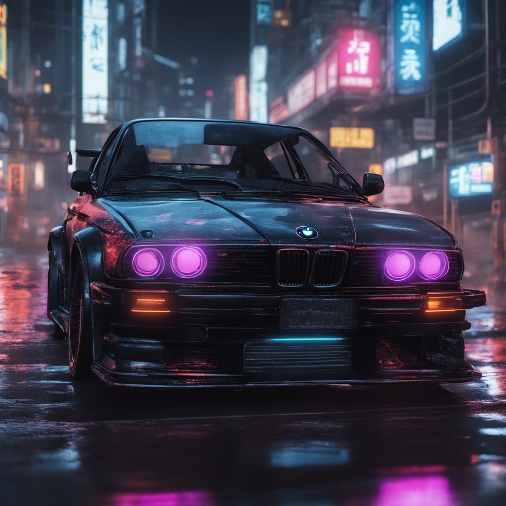 Cyberpunk BMW in Neon Japanese City
