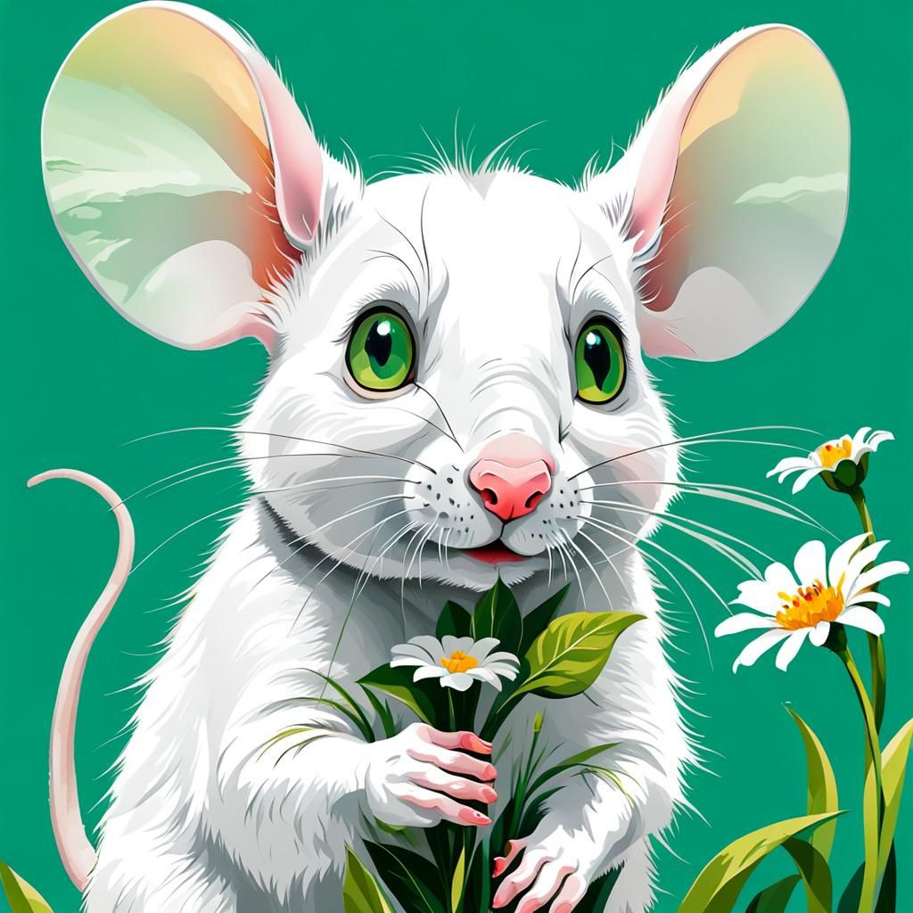 White Rat Smelling Flower in Abstract Art