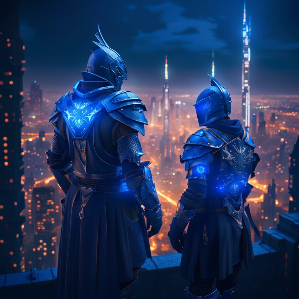 Futuristic Medieval Knight and Squire in Cityscape