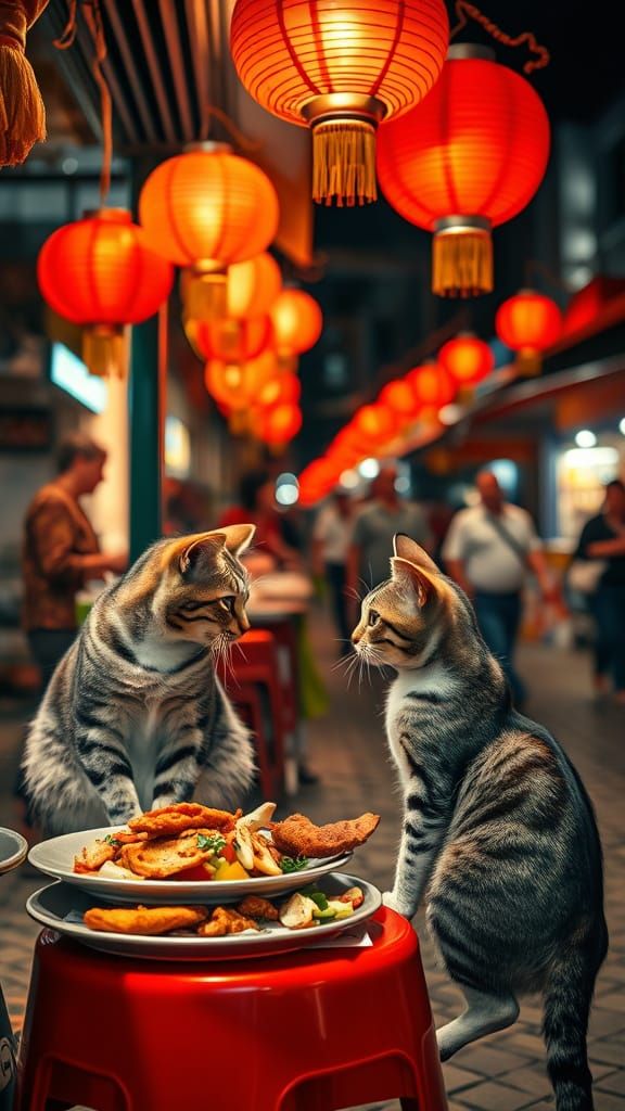 Cats Enjoying Street Food at Night Market