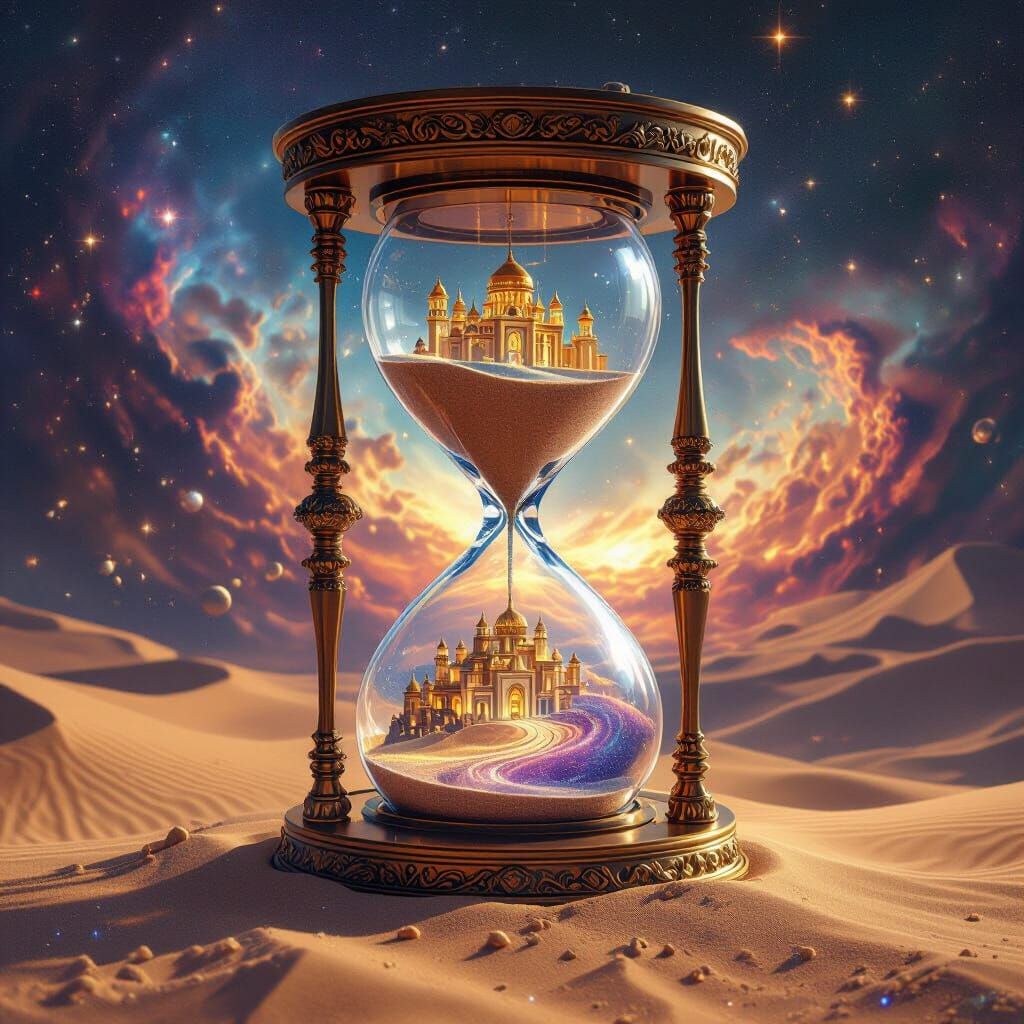 Cosmic Hourglass with Miniature Palace and Galaxy