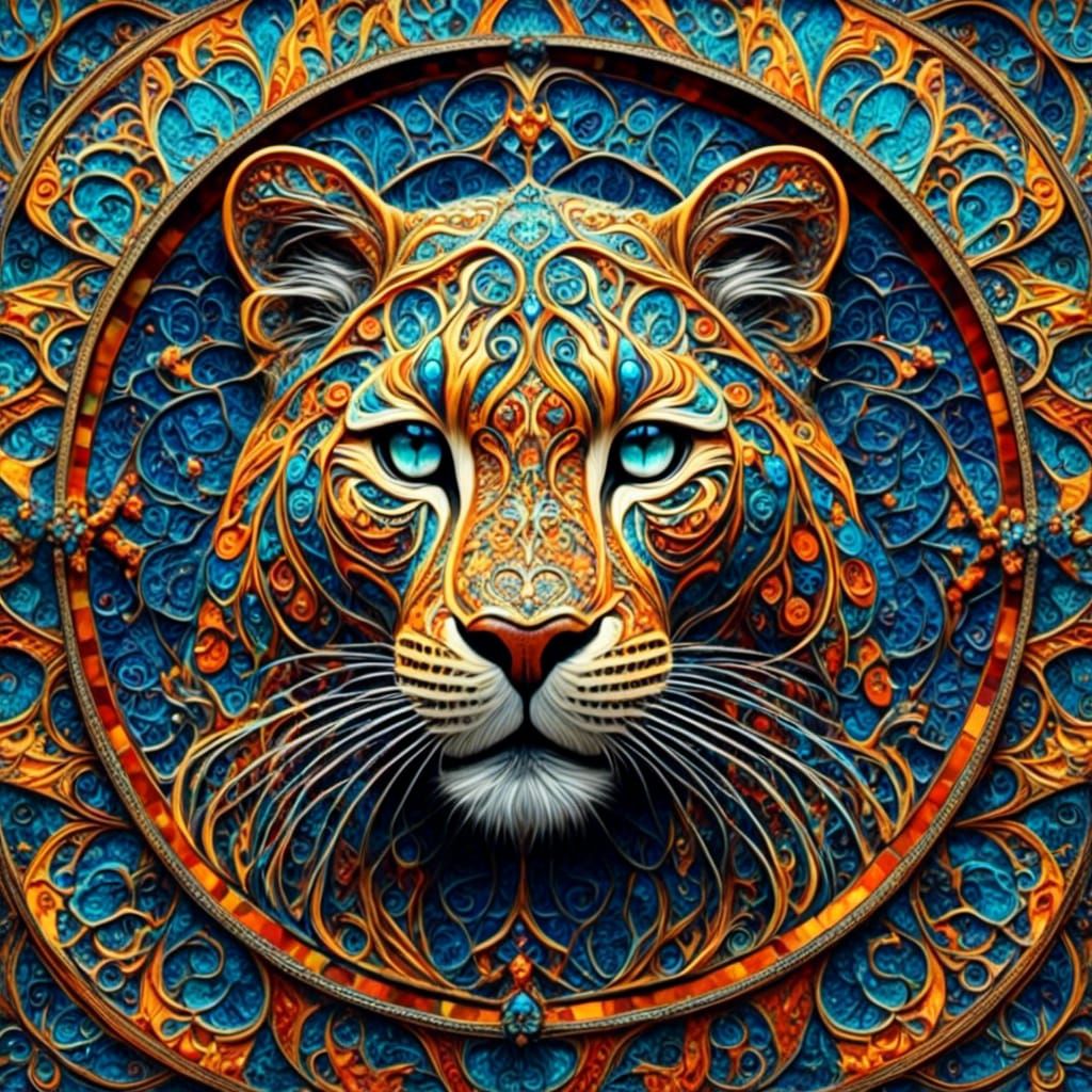 Leopard in Stained Glass Fractal Mandala