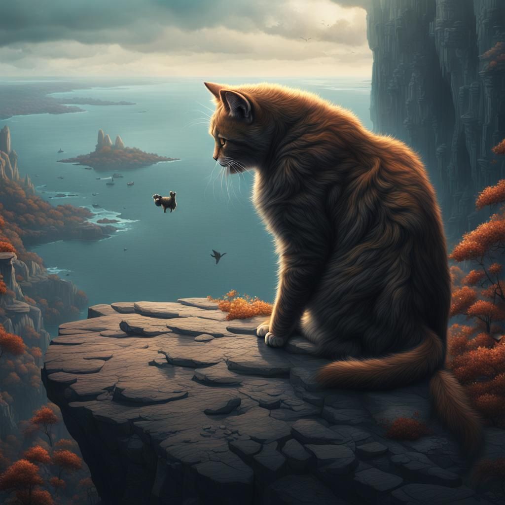 Sad Cat on Cliff: Detailed Fantasy Painting
