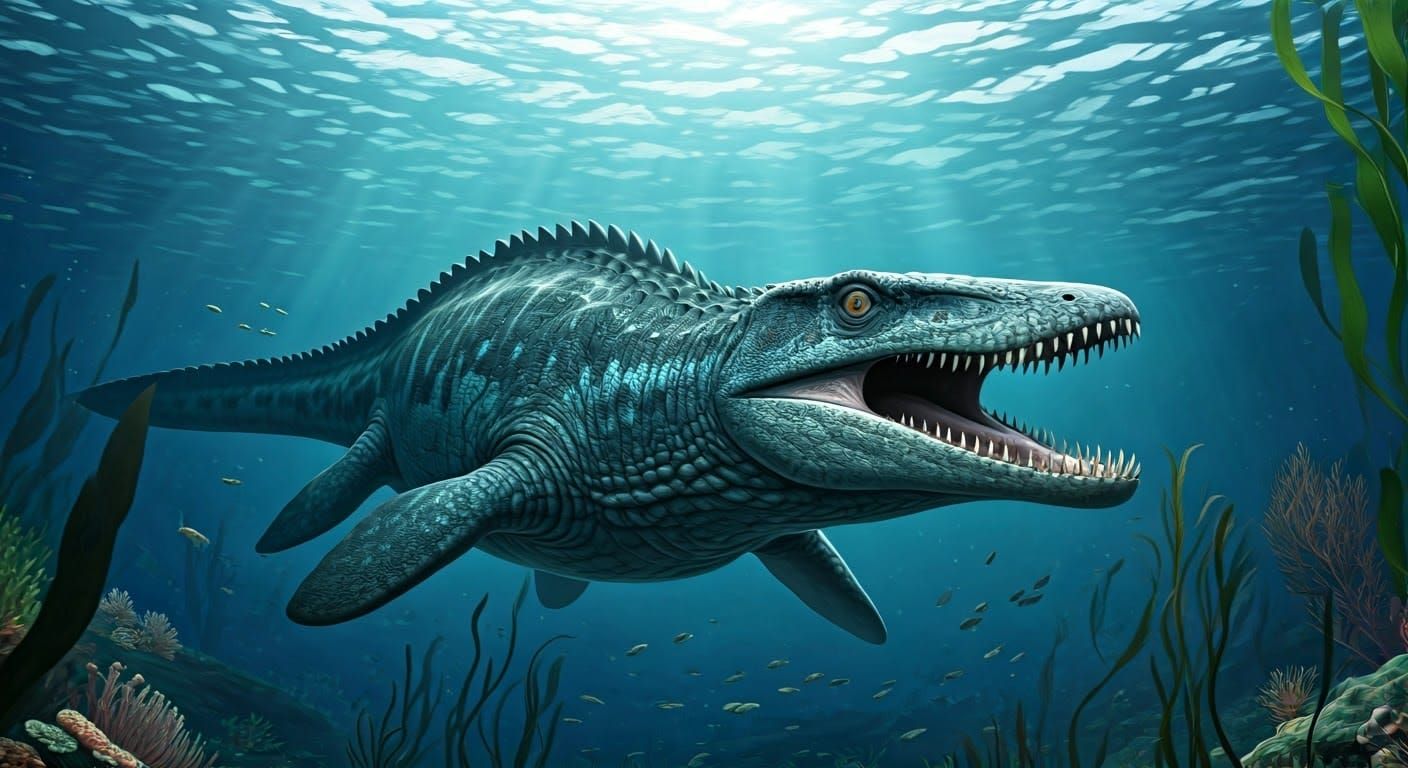 Realistic Mosasaurus in Underwater Zoological Habitat