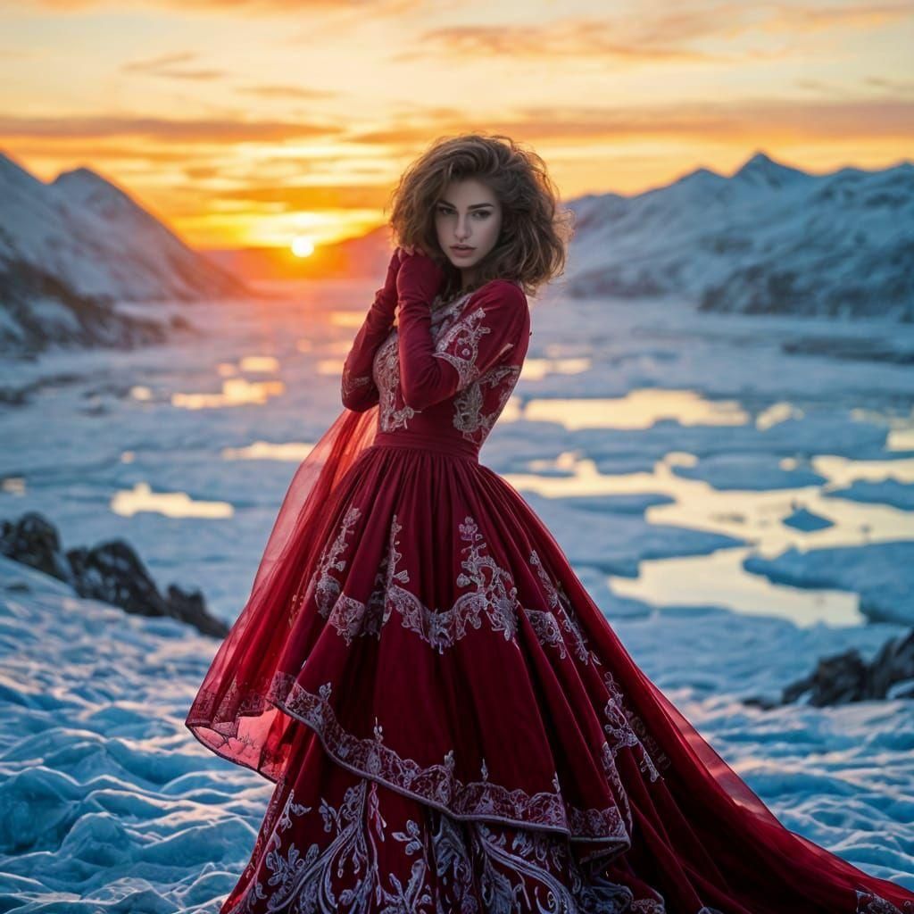 Woman in Red Gown in Arctic Landscape