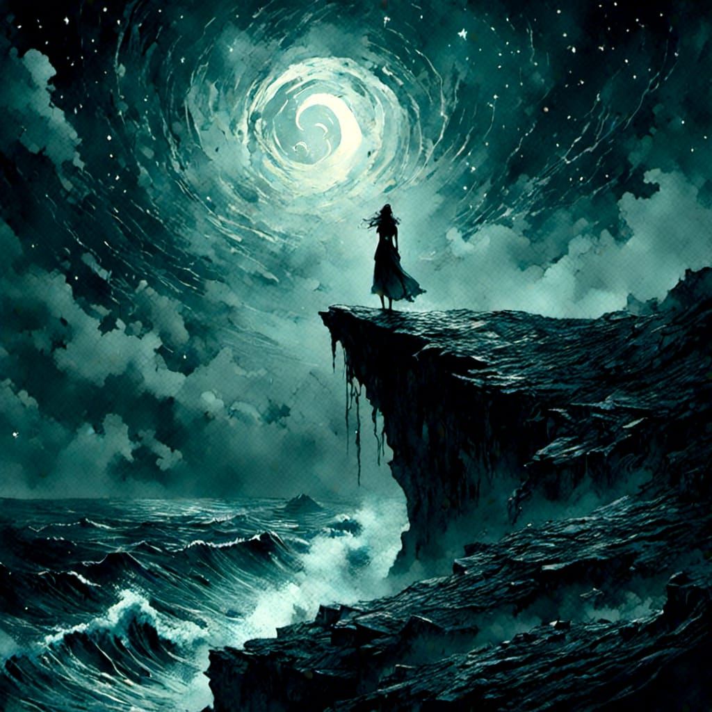 Gothic Woman on Cliff in Burtonesque Watercolor