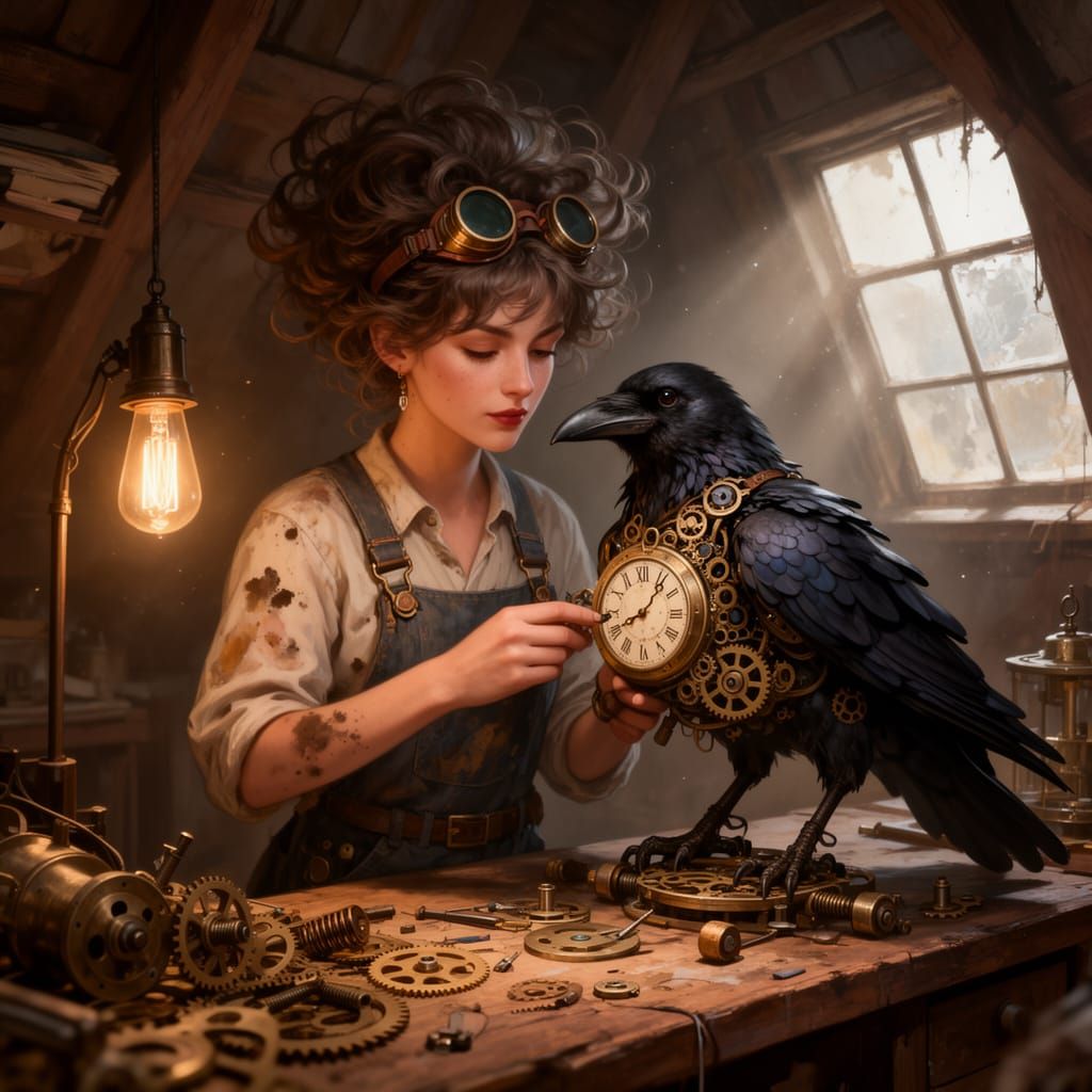 Steampunk Inventor Assembling Clockwork Raven in Attic Works...