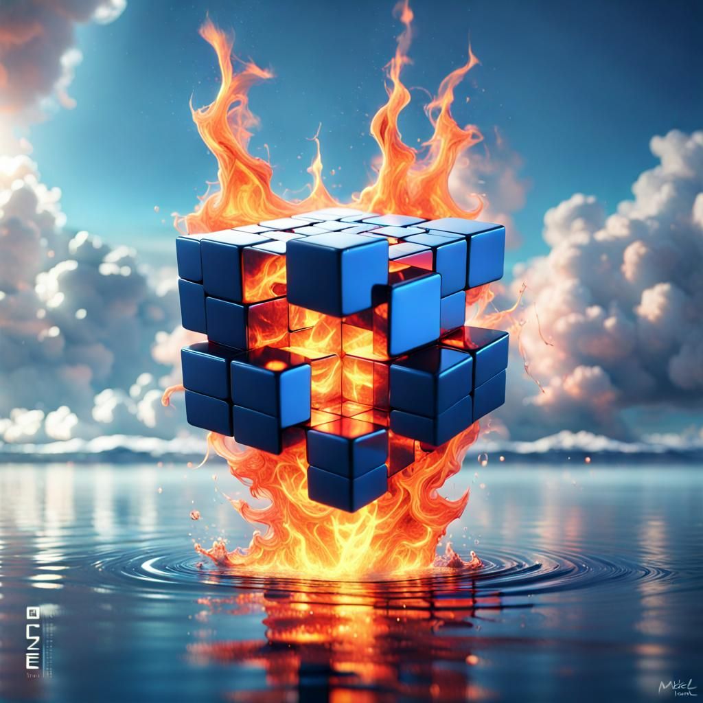 Rubik's Cube on Water: Cubo-Futurism Digital Art