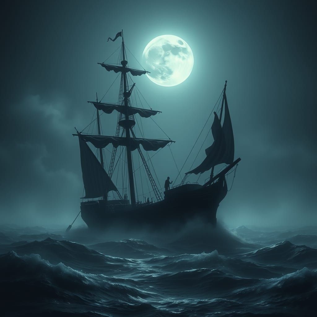 Ghostly Shipwreck Under a Haunting Moonlit Sky