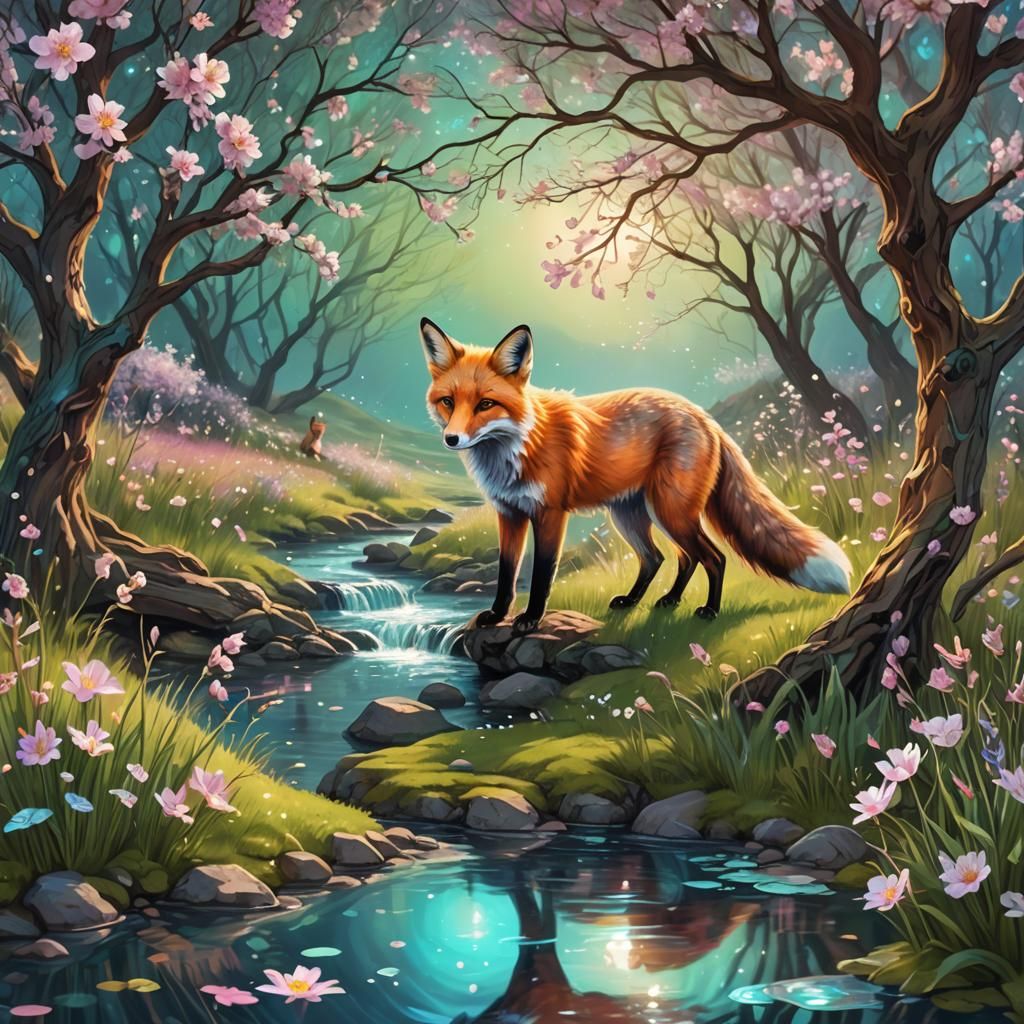 Fox Drinking in Spring Meadow: Cosmic Illustration
