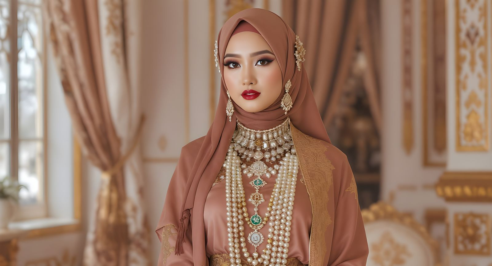 Asian Woman's Elegant Hijab with Pearl Body Chain & Arabic J...