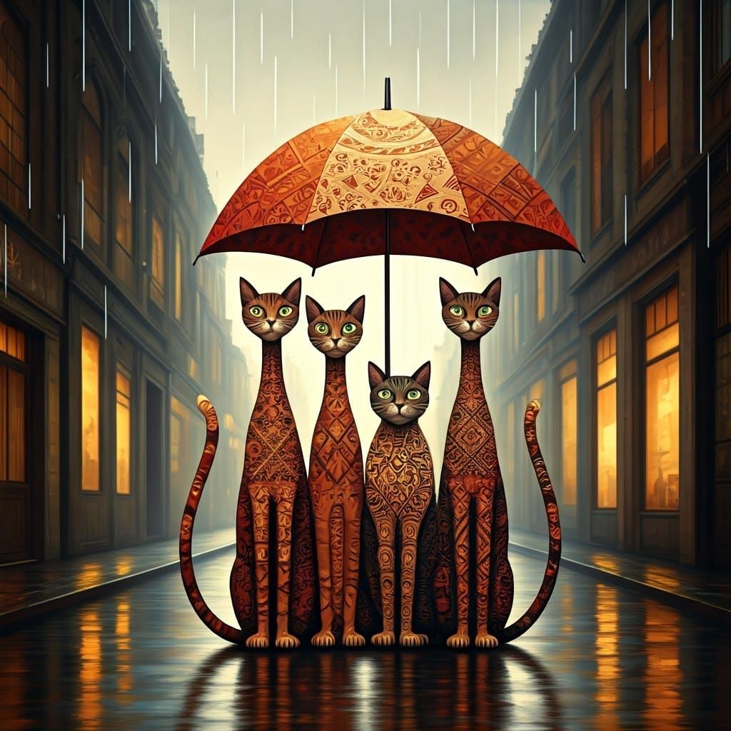 Whimsical Felines Under a Vintage Umbrella in a Rainy City