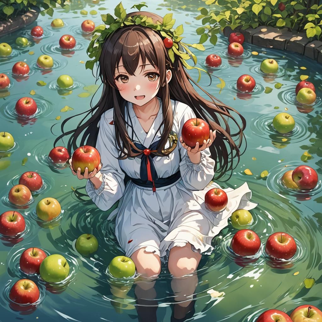 An apple bobbing goddess by artist "anime", Anime Key Visual, Japanese Manga, Pixiv, Zerochan, Anime art, Fantia