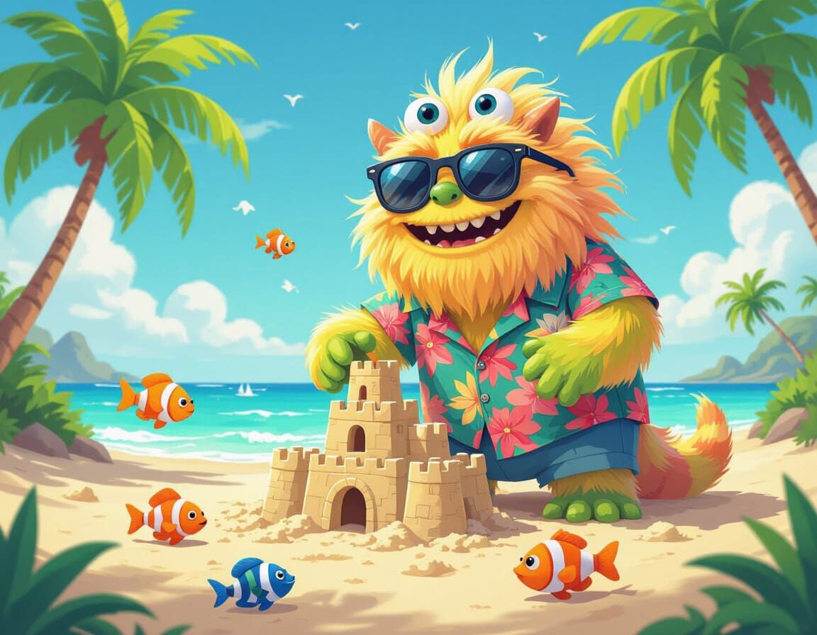 Multi-Eyed Monster Builds Sandcastle on Tropical Beach