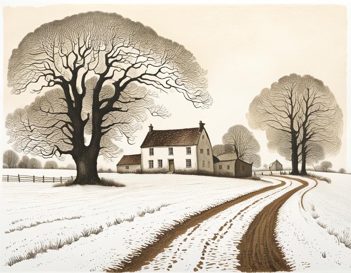 Serene Farmhouse Scene in Gentle Evening Snowfall