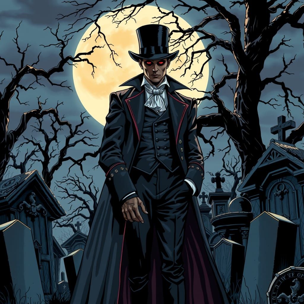 Vampire in Gothic Graveyard, Comic Book Style