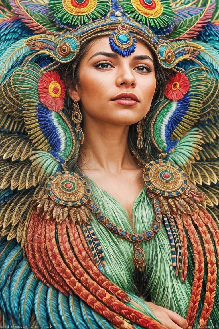 Ornate Aztec Feathered Serpent God in Jewel Tones