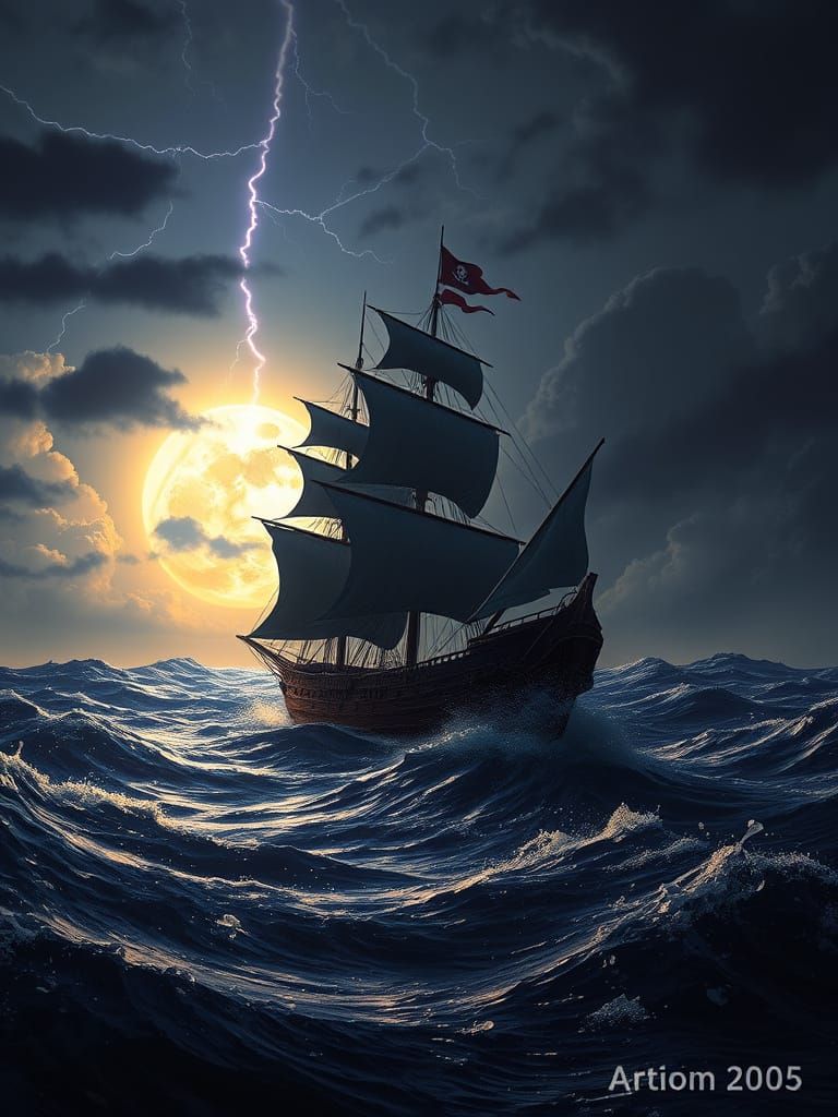 Pirate Ship Amidst Stormy Seas: Digital Maritime Art