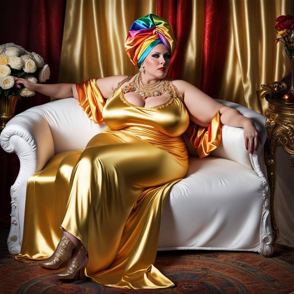 Realistic Artistic Sissy Satin Flamboyant Statuesque Glamorous Big Beautiful Women BBW Women relaxing supine on a Chaise...