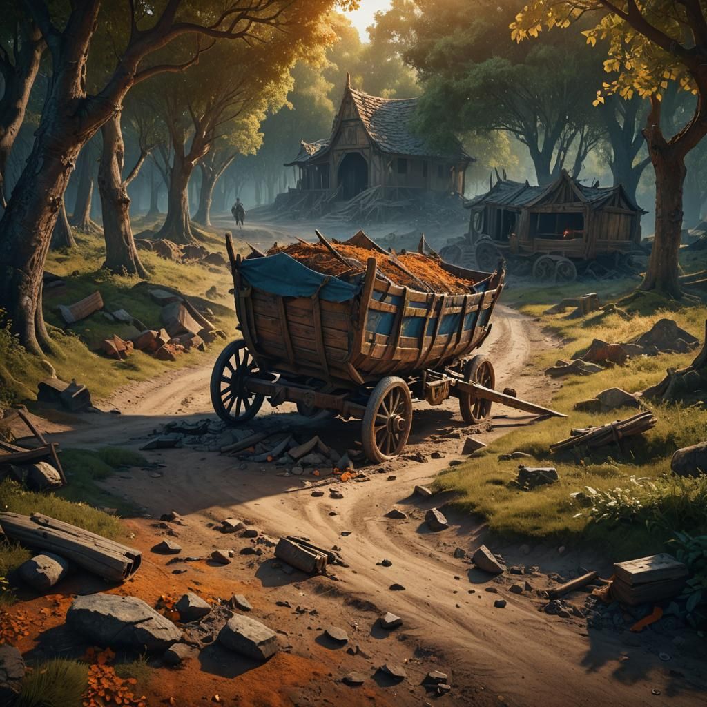 Abandoned Wagon After Monster Attack: Fantasy Concept Art