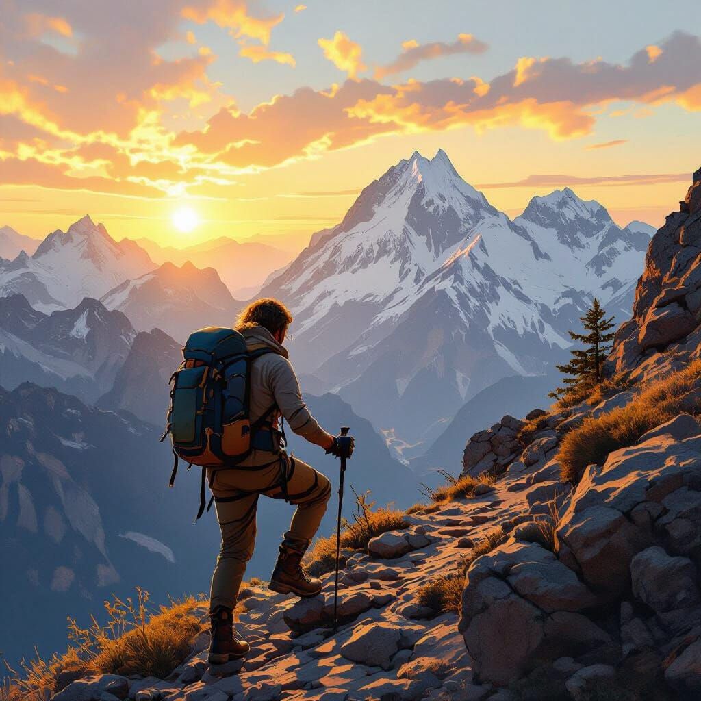 Hiker Ascends Rugged Peak at Sunrise in Grand Landscape Styl...