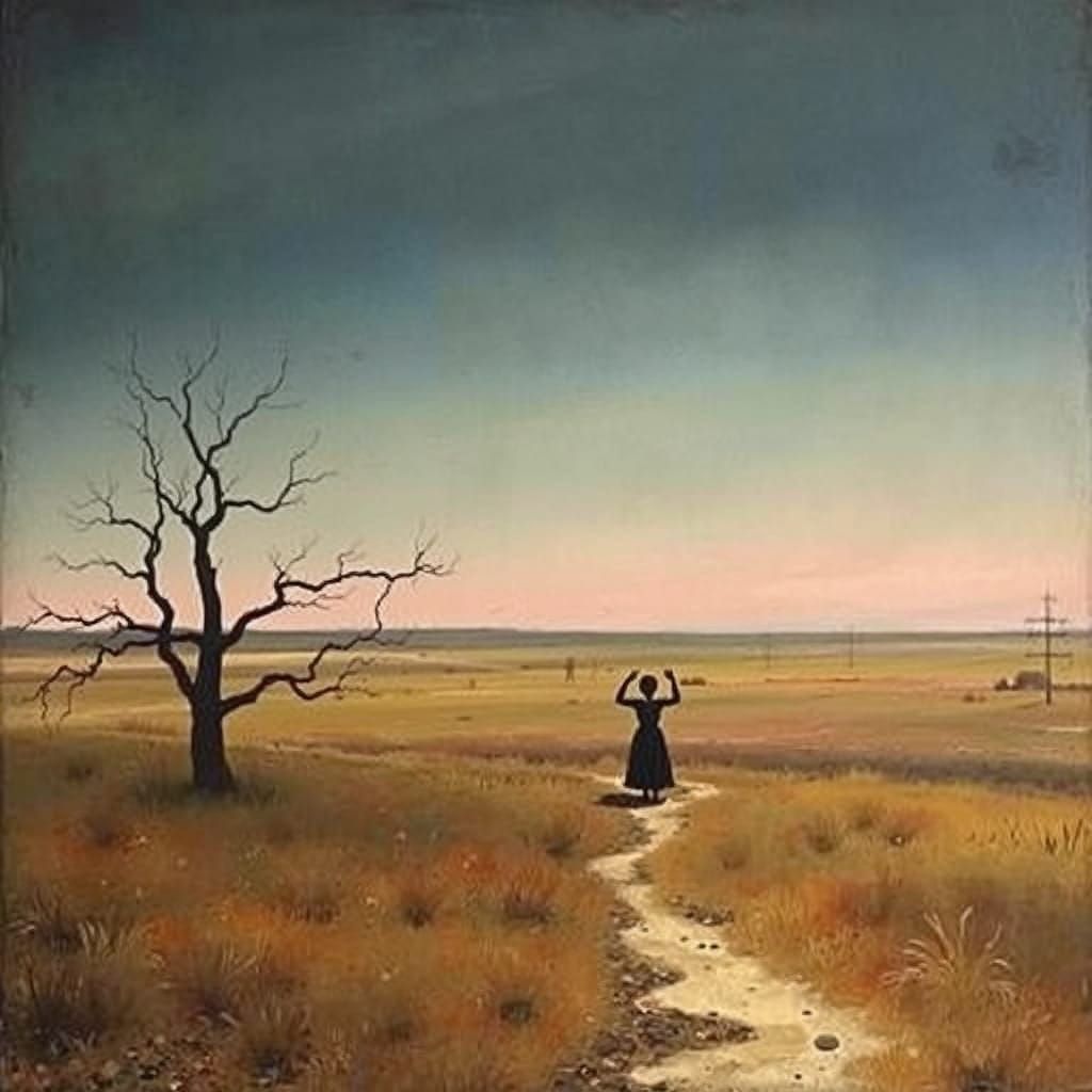 Abstract Spring Steppe Landscape with Expressive Figures