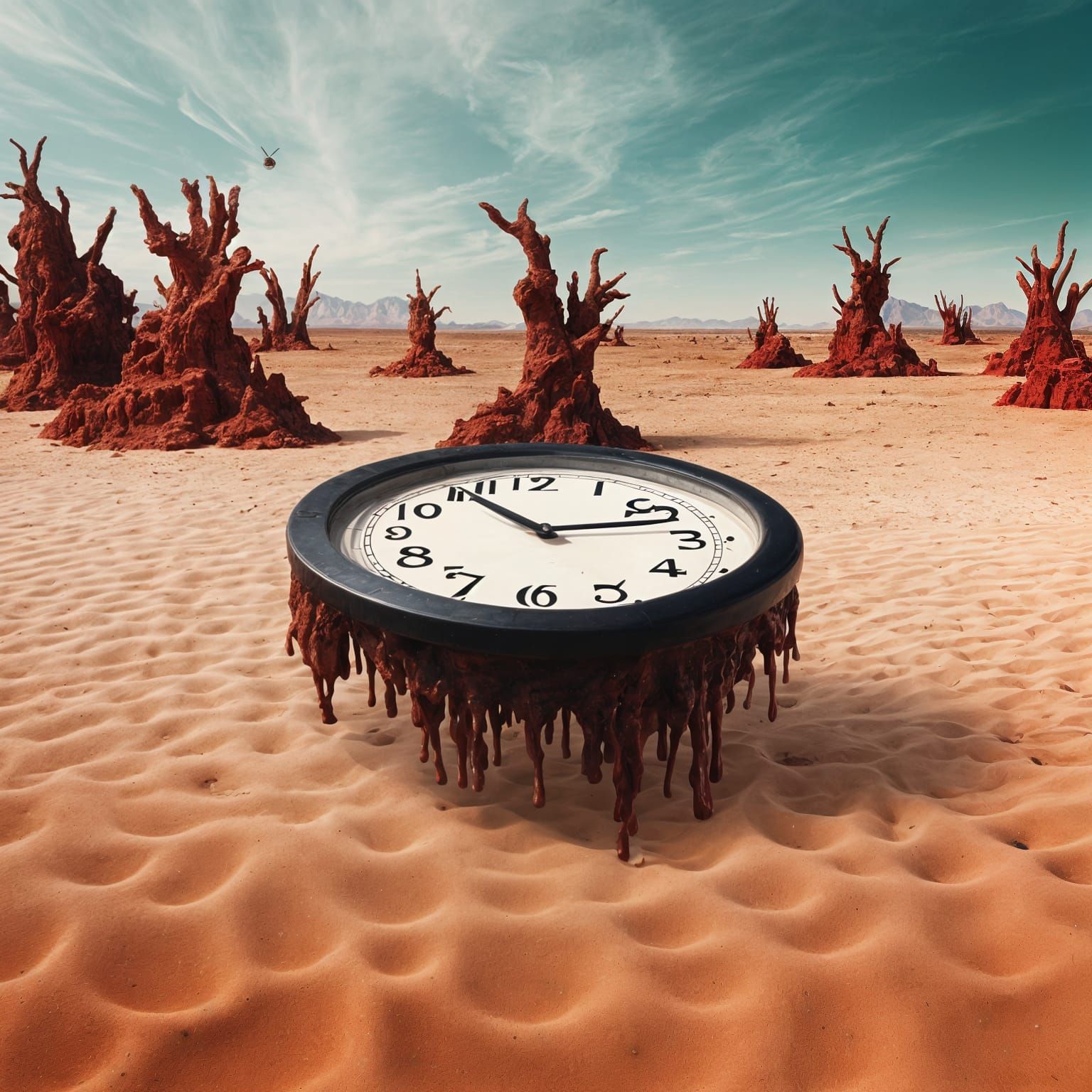 Surreal Melting Clock in Desert Landscape