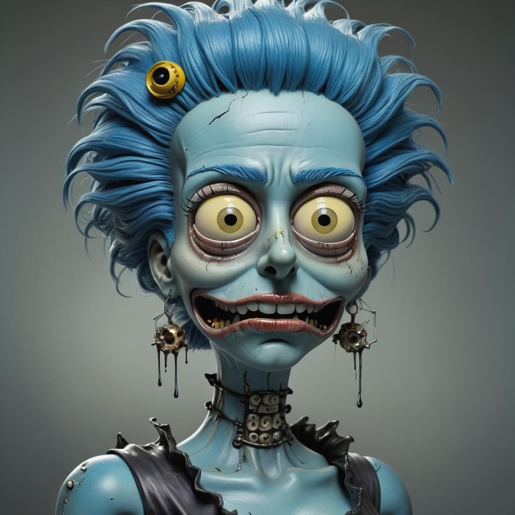 A hyperrealistic Halloween picture of Marge Simpson, from the cartoon "The Simpsons" with a blend of H.R. Geiger's biome...