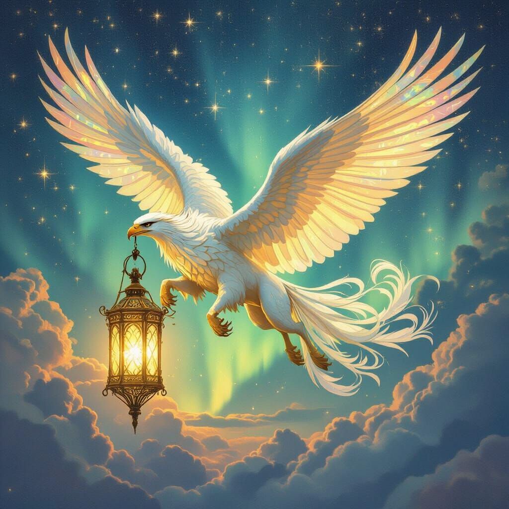 Griffin Soaring Through Aurora Sky in Art Nouveau Style