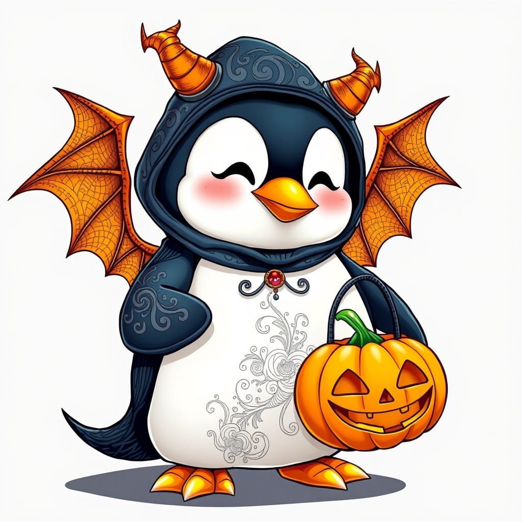 Penguin in Demonic Halloween Costume with Pumpkin Basket - A...