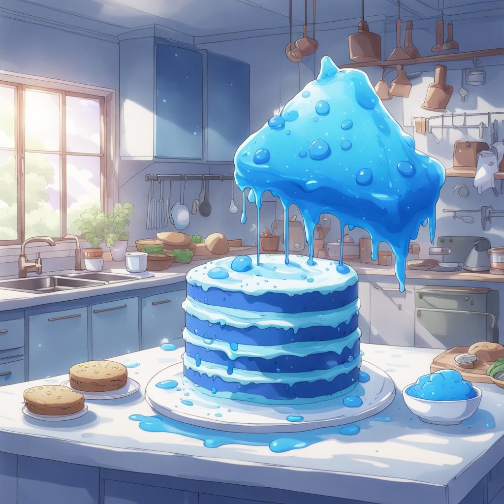 Blue Slime Cake in Anime Style Kitchen